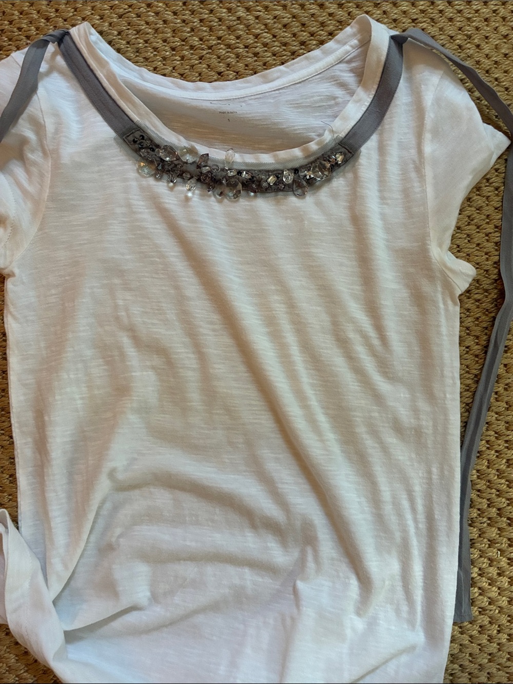LOFT White Short Sleeve Tee with Gray Ribbon and Beaded Neckline
